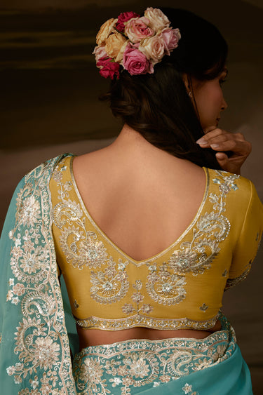 Classic Cyan Zari Organza Embroidered Festive Wear Saree