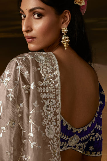 Traditional Beige Lace Border Work Organza Saree With Unstitched Blouse