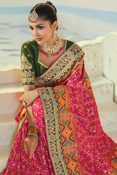 Elegant Pink Bridal Patan Patola Silk Saree With Heavy Blouse