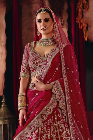 Vintage Maroon Silk Designer Handwork Wedding Lehenga With Viscose Net Dupatta