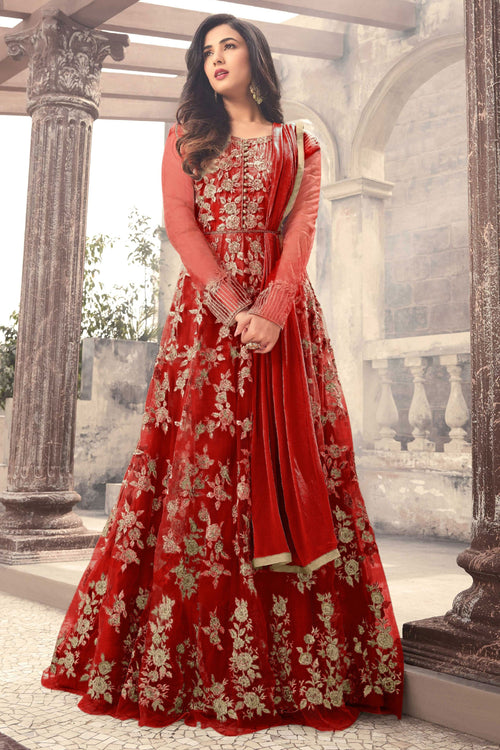Sonal Chauhan Red Anarkali Suit In Georgette Fabric