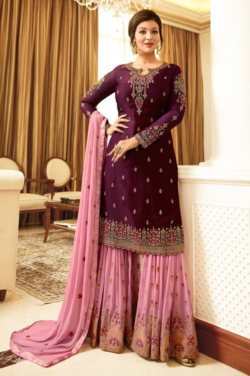 Ayesha Takia Purple Georgette Designer Palazzo Suit With Dupatta