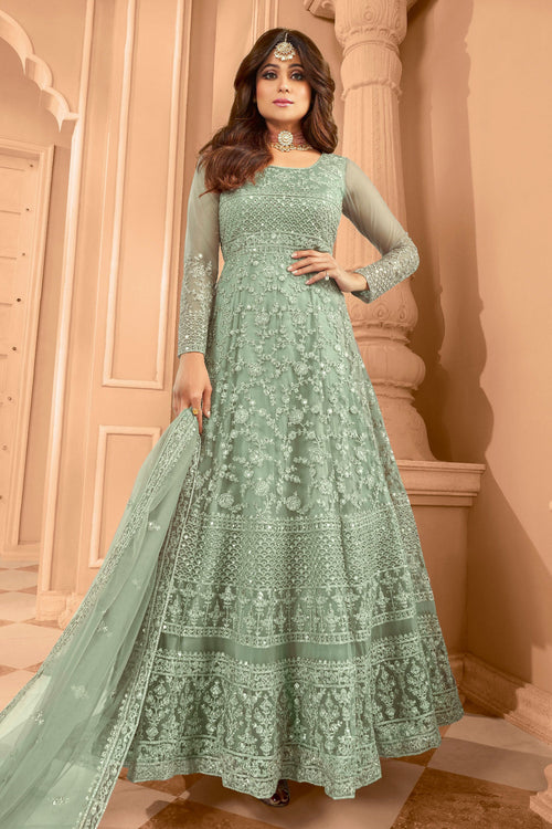 Shamita Shetty Net Sea Green Designer Anarkali Salwar Suit