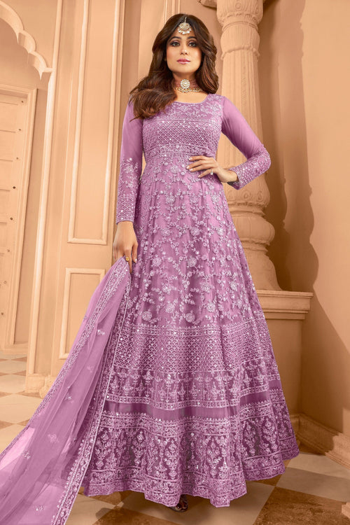 Shamita Shetty Purple Net Designer Anarkali Suit With Dupatta