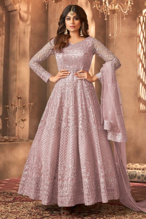 Shamita Shetty Net Pink Embroidered Trendy Anarkali Salwar Suit