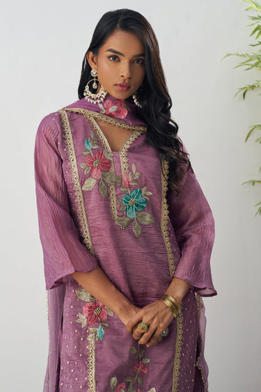 Embroidered Fancy Fabric Lavender Readymade Designer Suit