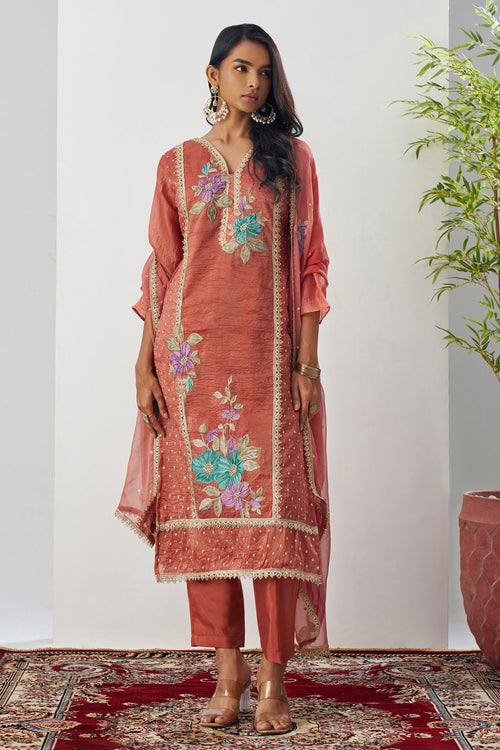 Fancy Fabric Peach Embroidered Readymade Designer Dress