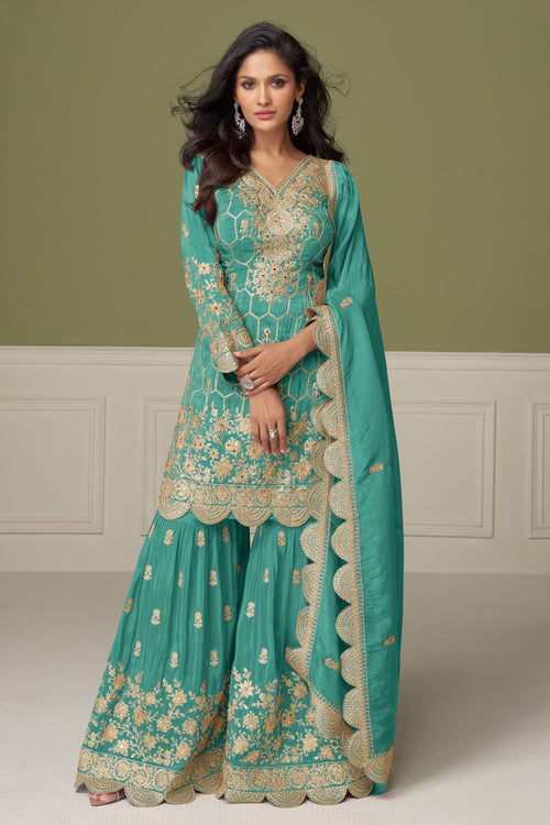 Cyan Art Silk Embroidered Readymade Sharara Style Salwar Kameez