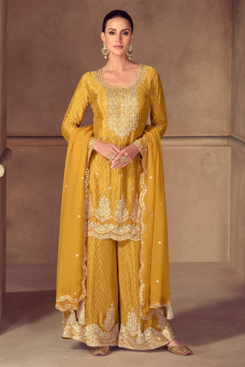 Embroidered Chinon Yellow Readymade Palazzo Suit