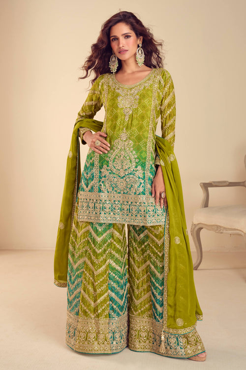 Green Embroidered Chinon 3 Piece Readymade Sharara Style Salwar Suit