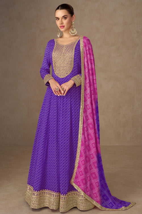 Chinon Purple Sequins Work Readymade Anarkali Dress