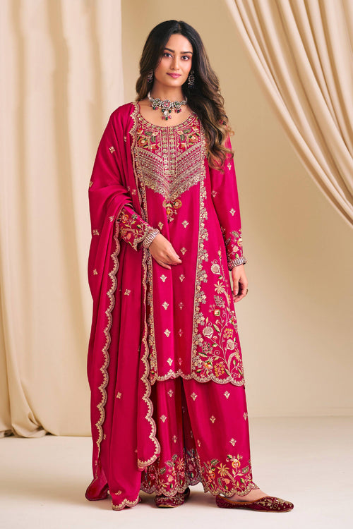 Chinon Embroidered Rani Readymade Palazzo Suit For Sangeet Wear