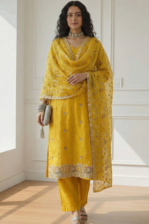 Organza Embroidered Yellow Function Wear Readymade Designer Salwar Kameez