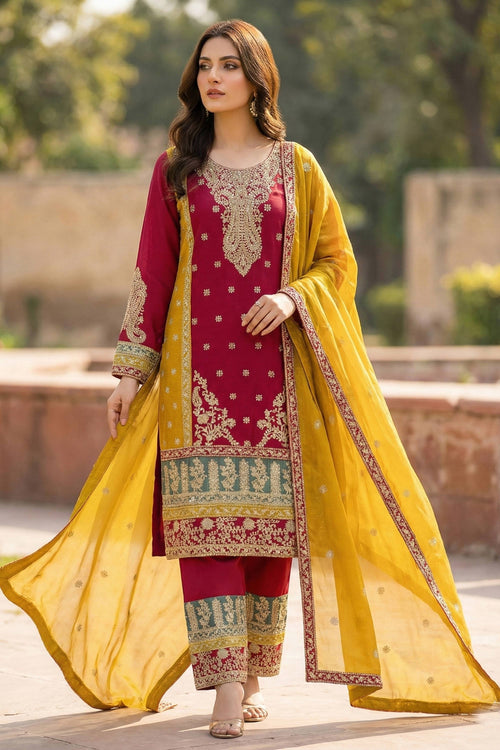 Chinon Embroidered Maroon Party Wear Designer Salwar Suit