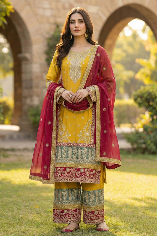 Embroidered Chinon Yellow Designer Salwar Suit For Party Wear