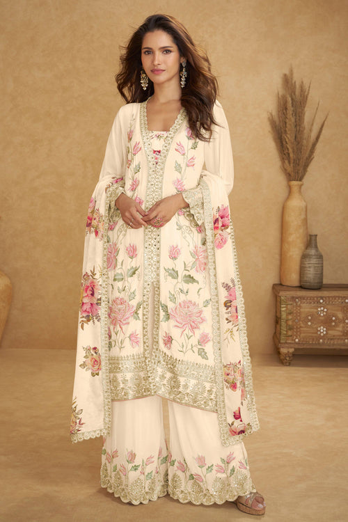 Beige Festive Wear Chinon Embroidered Readymade Palazzo Suit With Dupatta
