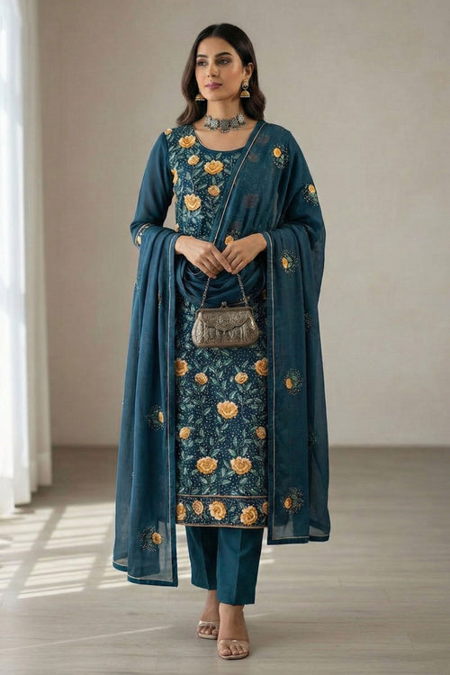Embroidered Georgette Designer Readymade Salwar Suit In Teal Color