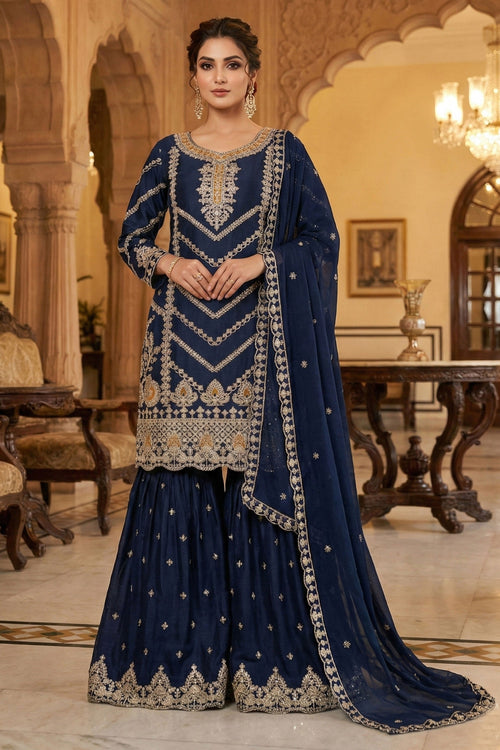 Women'S Blue Embroidered Chinon Readymade Palazzo Suit With Dupatta