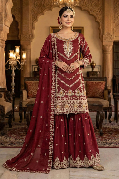Chinon Maroon Embroidered Readymade Palazzo Dress