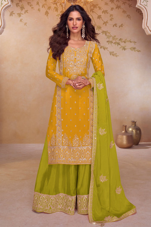 Mustard Festive Wear Chinon Embroidered Readymade Palazzo Suit