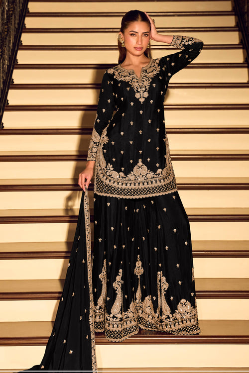 Chinon Silk Embroidered Black Readymade Palazzo Suit For Function Wear