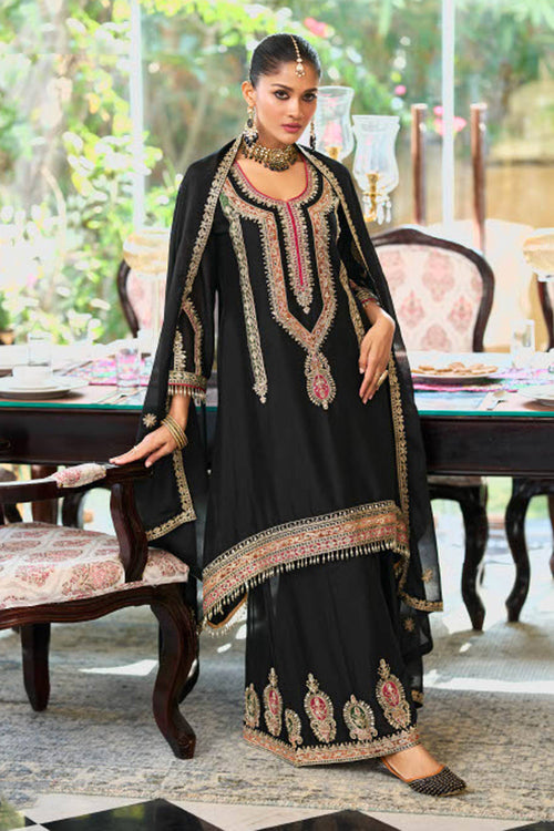 Black Party Wear Chinon Embroidered Readymade Palazzo Suit