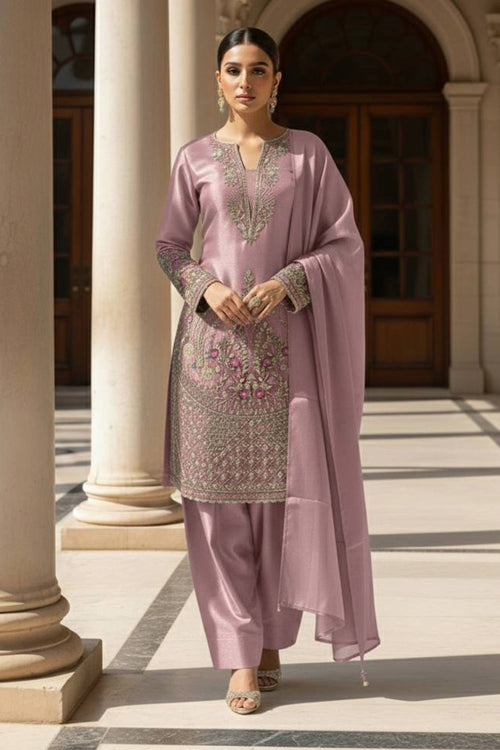 Art Silk Embroidered Pink Readymade Designer Salwar Kameez With Dupatta For Function Wear