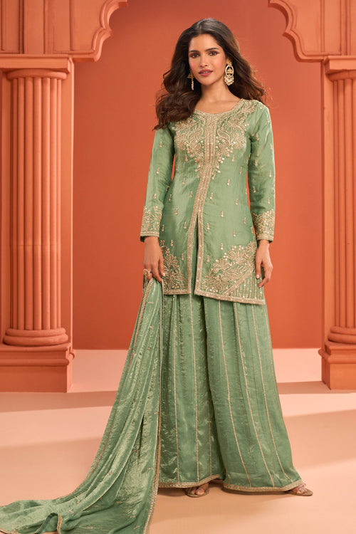 Sea Green Sangeet Wear Art Silk Embroidered Readymade Palazzo Suit