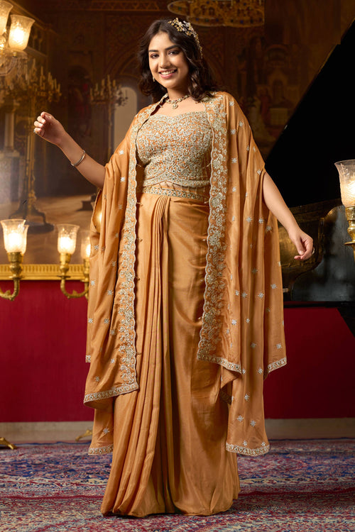 Rust Readymade Palazzo Set With Heavy Blouse And Shrug