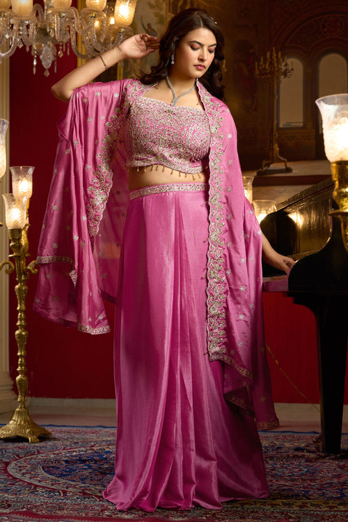 Chinon Silk Pink Indo Western Readymade Palazzo With Short Top