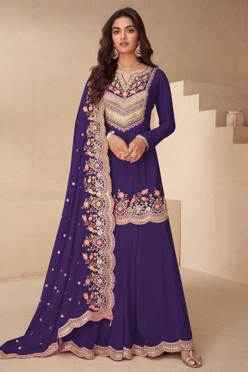 Chinon Embroidered Readymade Palazzo Salwar Suit In Purple