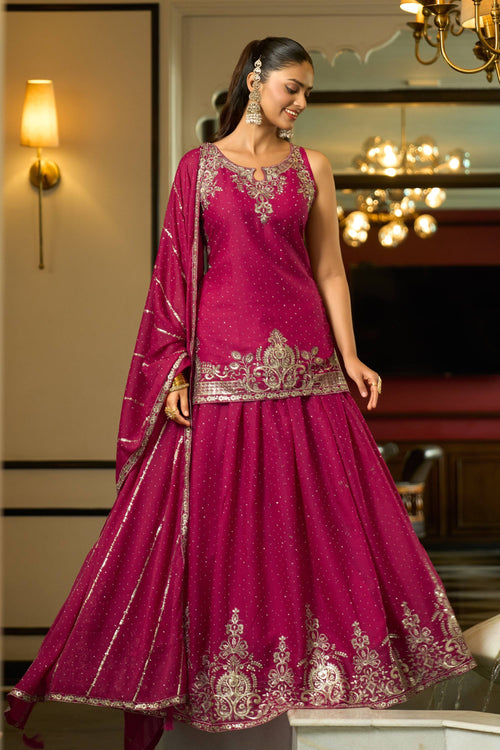 Embroidered Georgette Silk Rani Party Wear Readymade Sharara Style Lehenga