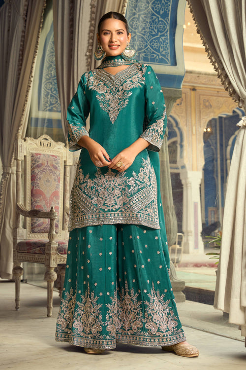 Embroidered Chinon Silk Teal Readymade Palazzo Suit For Sangeet Wear