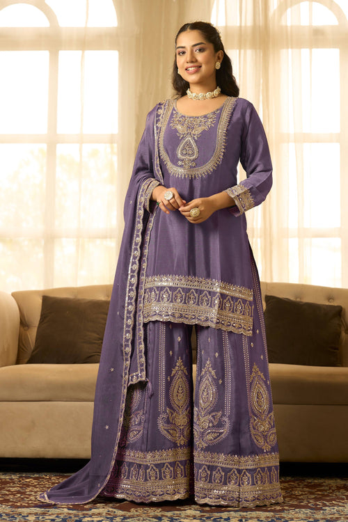 Chinon Silk Embroidered Purple Readymade Palazzo Suit For Wedding Wear