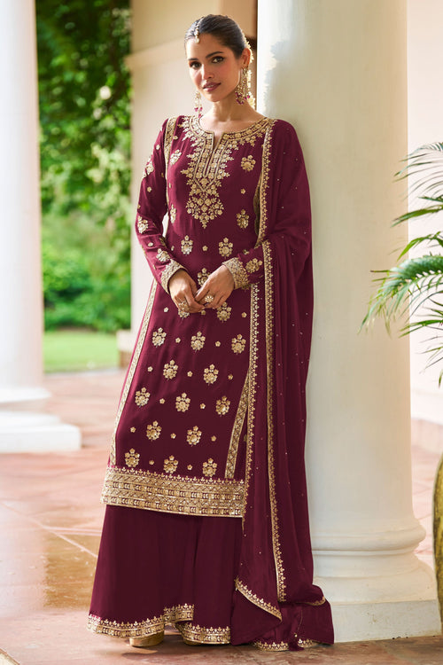 Wine Embroidered Readymade Top With Palazzo