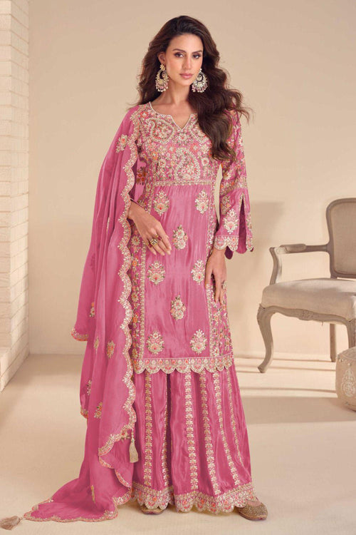Pink Art Silk Embroidereded Readymade Palazzo Suit