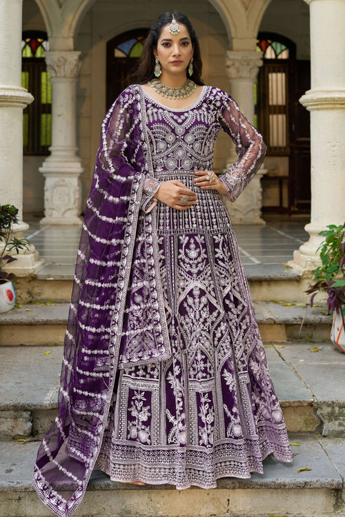 Purple Net Readymade Anarkali Suit