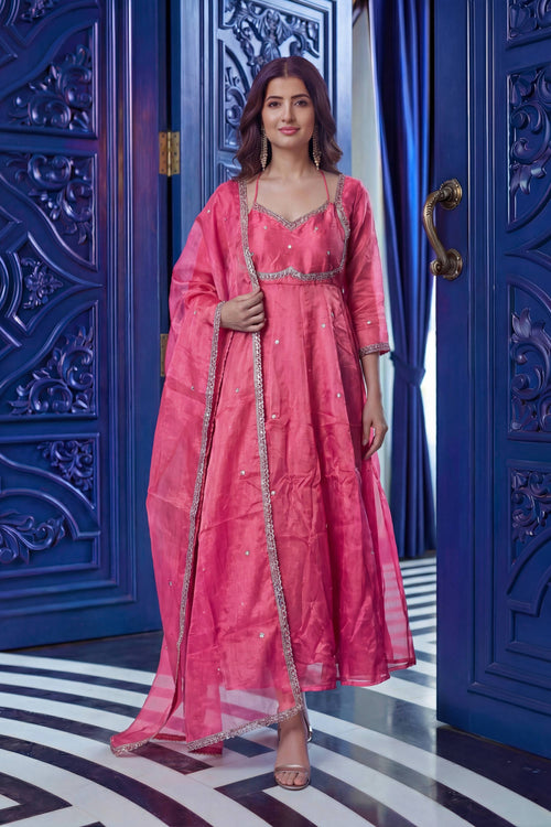 Embroidered Art Silk Pink Readymade Anarkali Suit For Festive Wear