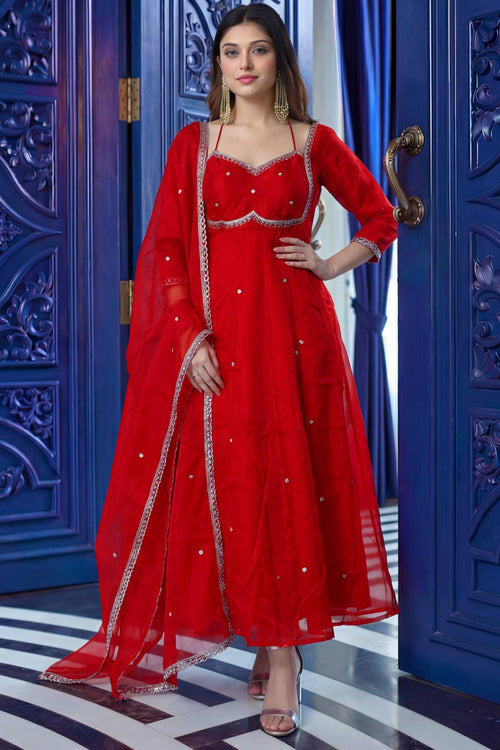 Red Festive Wear Art Silk Embroidered Readymade Anarkali Suit
