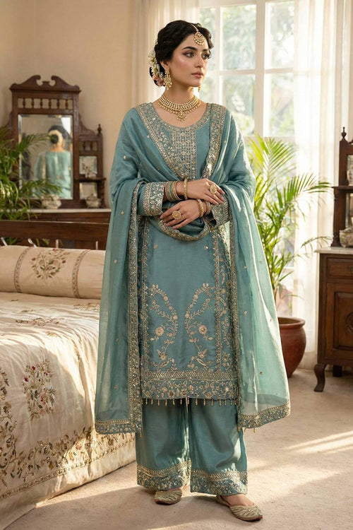 Art Silk Fabric Cyan Readymade Palazzo Suit For Festive Wear