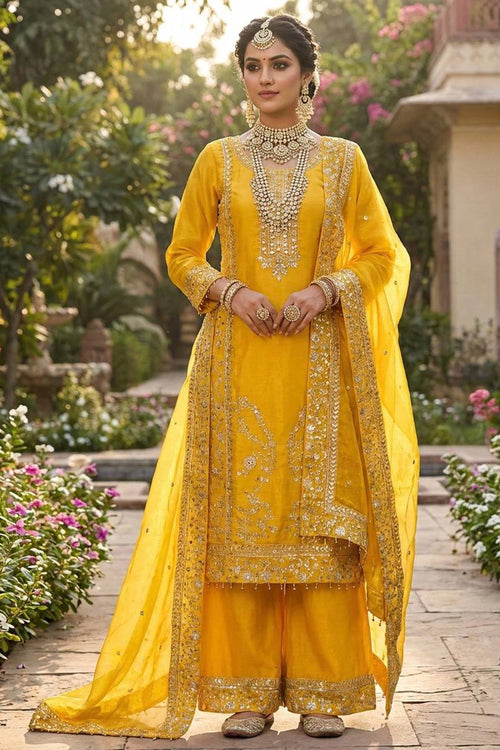 Embroidered Art Silk Yellow Festive Wear Readymade Palazzo Suit