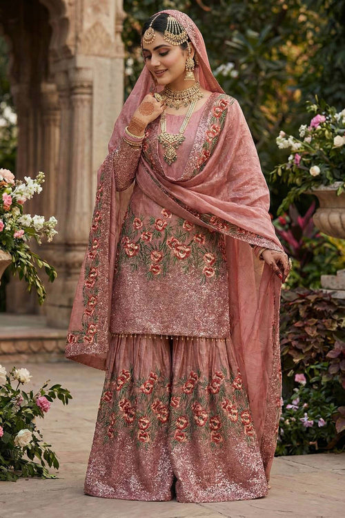 Embroidered Art Silk Pink Readymade Palazzo Suit For Function Wear