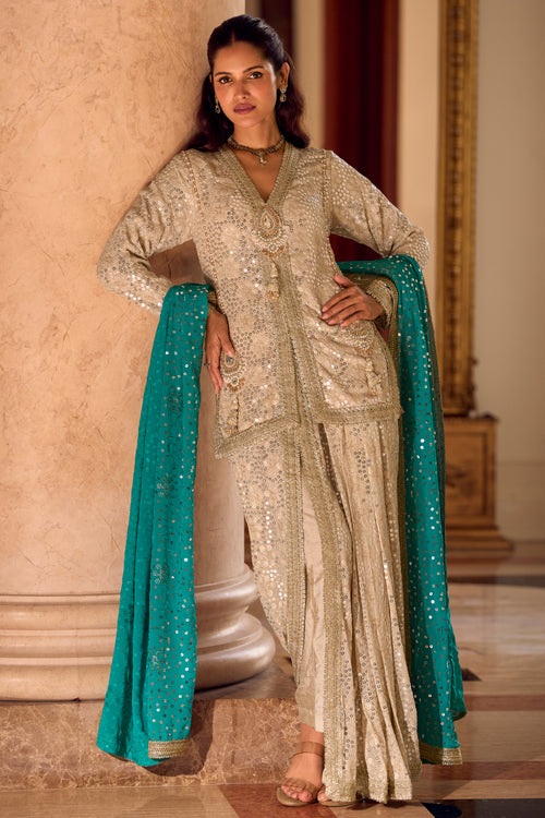 Georgette Beige Indo Western Readymade Top With Dhoti Style Bottom