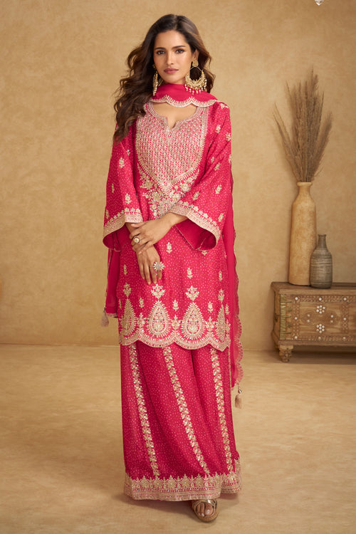 Pink Chinon Embroidered Top Palazzo Set