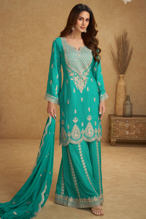 Elegant Cyan Chinon Palazzo Suit With Heavy Embroidery Work