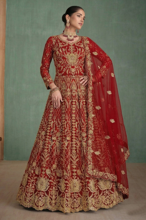 Red Net Function Wear Anarkali Salwar Suit