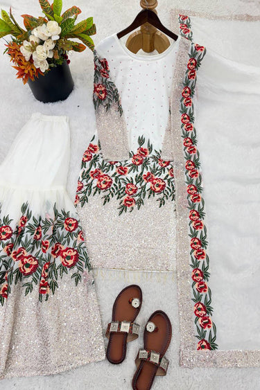 Designer White Art Silk Party Wear Sharara Salwar Kameez