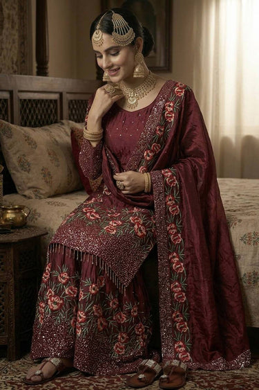 Premium Maroon Art Silk Readymade Pakistani Sharara Dress