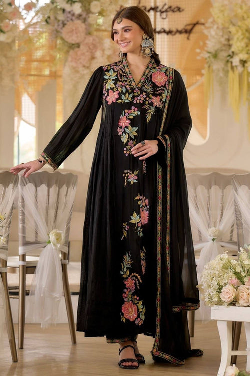 Georgette Black Embroidered Readymade Anarkali Salwar Suit