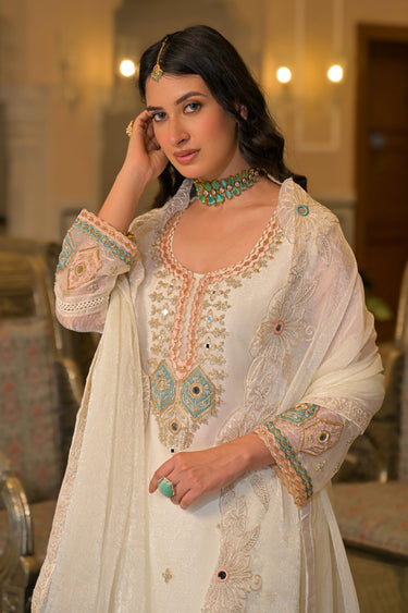 White Satin Designer Embroidered Readymade Salwar Suit